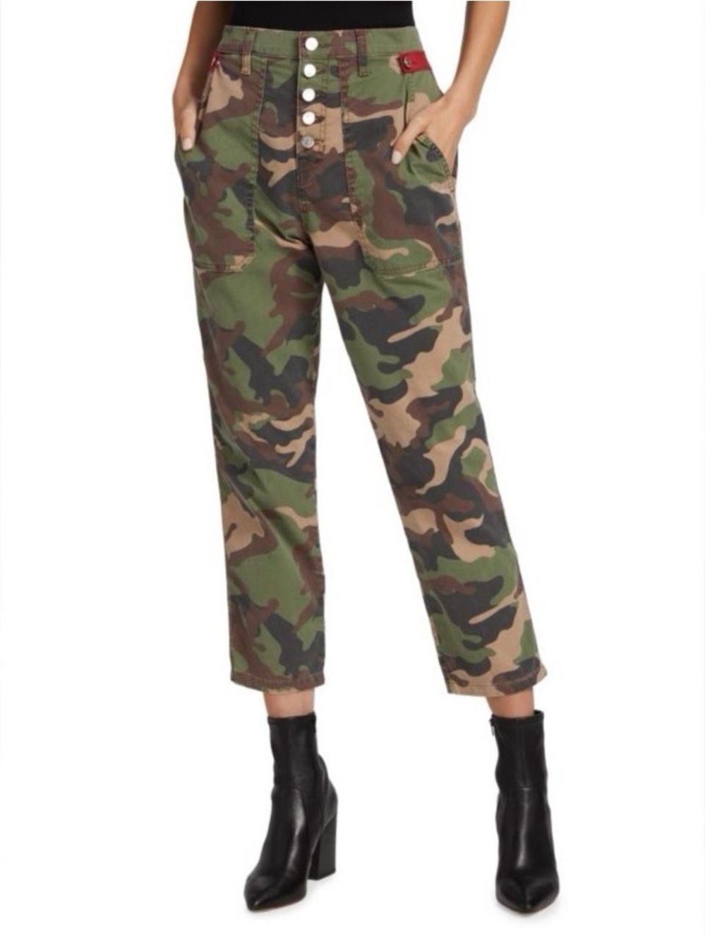Camo High-Waist Button Front Cropped Cargo Pants - Green